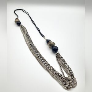 Vintage Multi Strand Chain Tassel Necklace Black Bead Boho Statement